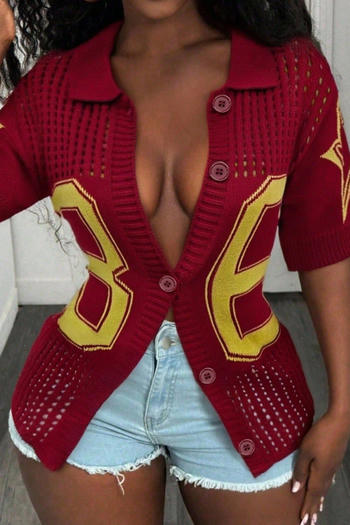 casual slight stretch knitted hollow digital jacquard short-sleeved cardigan