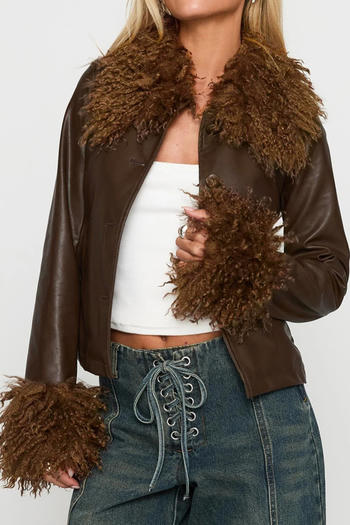 casual non-stretch pu solid color fuzzy collar jacket