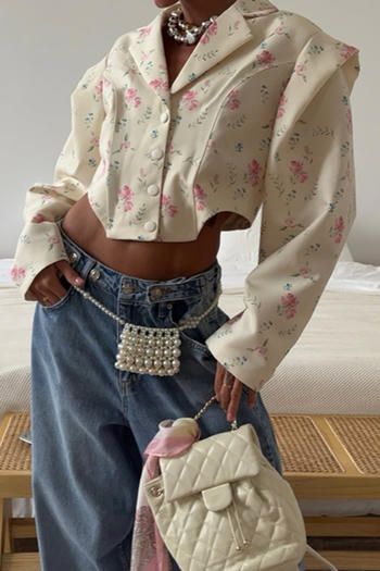 casual non-stretch floral batch printing suit collar button jacket