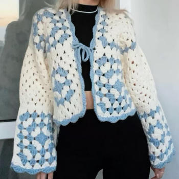 casual non-stretch contrast color design knitted hollow lace-up cardigan