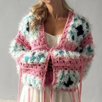 casual non-stretch contrast color design knitted hollow loose cardigan