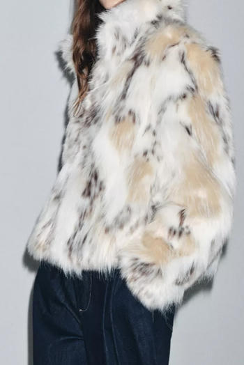 casual non-stretch crew neck leopard pattern fur jacket