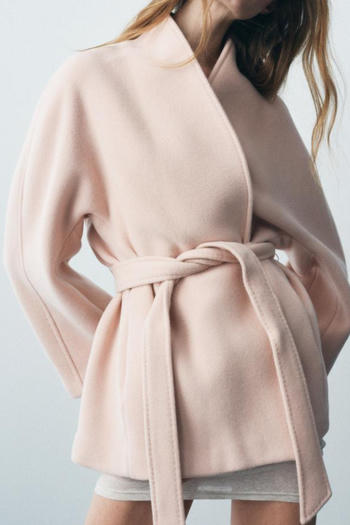 casual non-stretch tweed solid color v-neck with belt jacket