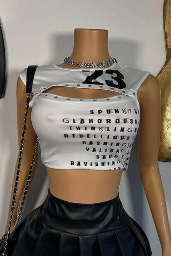 stylish slight stretch slim fit letter print hollow vest