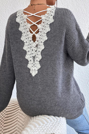 stylish slight stretch knitted lace stitching backless all-match sweater