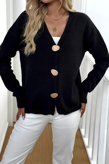 casual slight stretch knitted pure colour v-neck single-breasted loose sweater