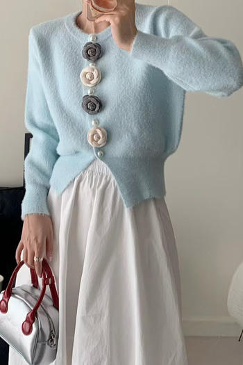 casual slight stretch crew neck flower decor sweaters