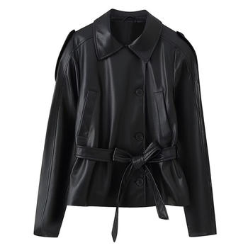 casual non-stretch solid color with belt lapel button jacket