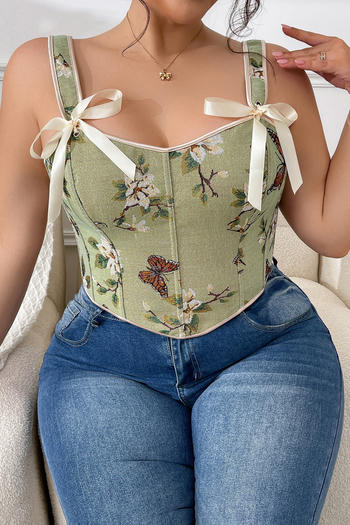 sexy plus size non-stretch flower printing tight lace-up rubber bone crop vest