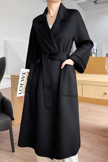 casual non-stretch tweed solid color with belt pocket long jacket
