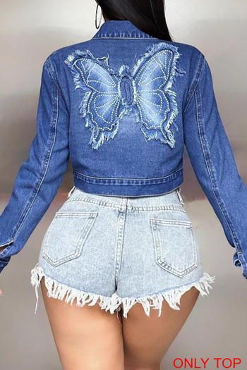 casual plus size non-stretch butterfly decor crop denim outerwear
