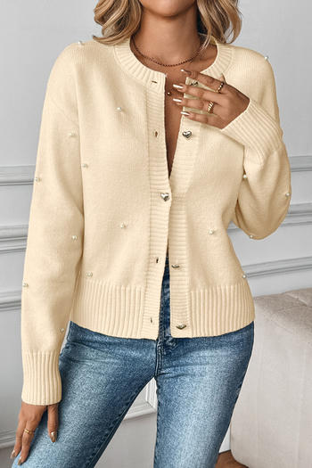 stylish slight stretch knitted pearl decor single-breasted all-match sweater