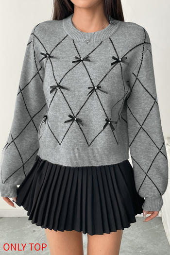 casual slight stretch checkered knitted bow decor sweater(only sweater)