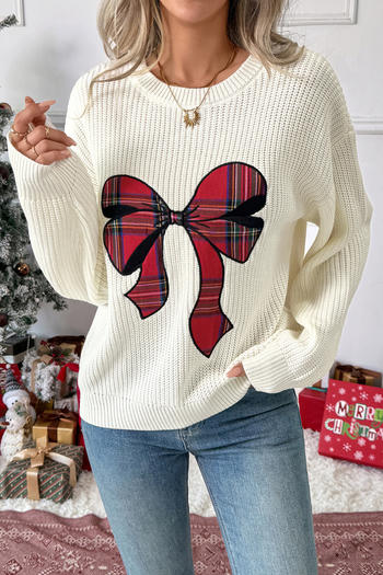 christmas stylish slight stretch knitted bow embroidery loose all-match sweater