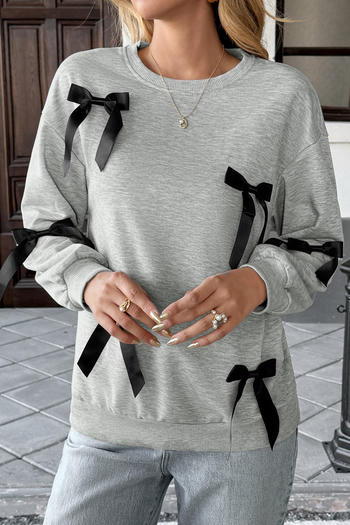 casual slight stretch bow decor crew collar loose all-match sweatshirt