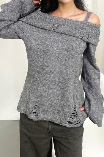 casual slight stretch solid color knitted hole off-shoulder sling sweater