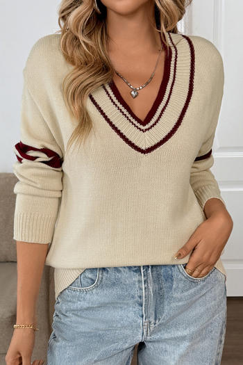 casual retro slight stretch color-block knitted v-neck loose all-match sweater