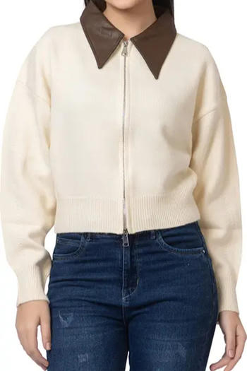 stylish stretch knitted pu stitching turndown collar sweater(size run small)