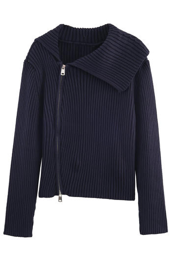 stylish slight stretch knitted turndown collar zip-up sweater(size run small)