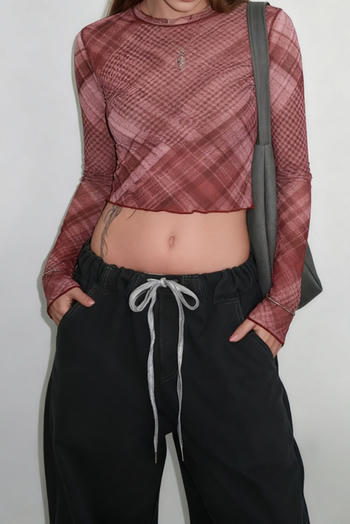 sexy slight stretch see-through mesh plaid print slim-fit crop top