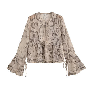 xs-l stylish non-stretch snake printing lace-up blouse(size run small)