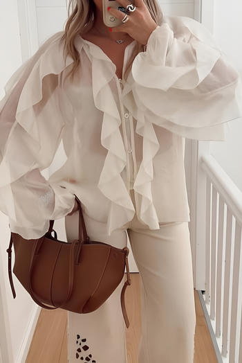 exquisite non-stretch see through chiffon v-neck ruffle blouse