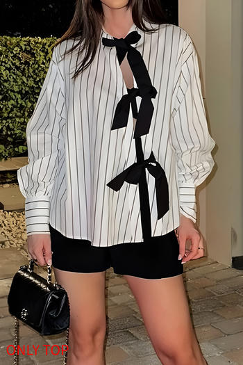 stylish non-stretch stripe tatting lace-up long sleeve all-match blouse