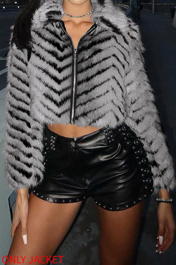 casual non-stretch stripe pattern lapel zip-up plush jacket