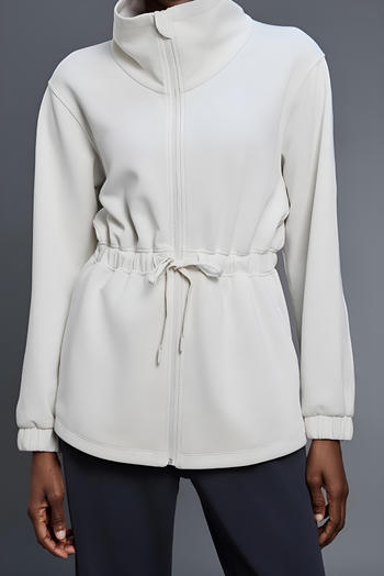 stylish slight stretch pure colour high-neck zip-up drawstring outerwear