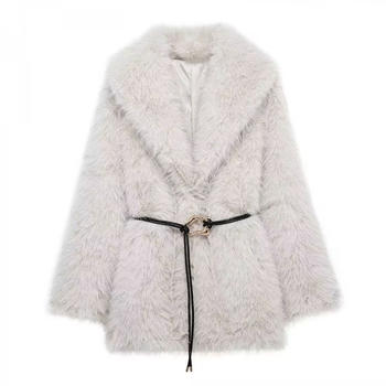 casual non-stretch fur lapel solid color with belt jacket