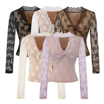 sexy slight stretch lace v-neck 5 colors top(size run small)