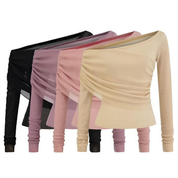 casual slight stretch off one shoulder solid color top(size run small)