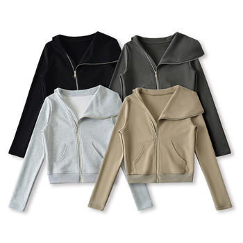 casual non-stretch solid color lapel zip-up jacket(size run small)
