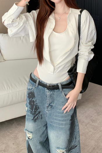 casual slight stretch lapel solid color bodysuit(size run small)
