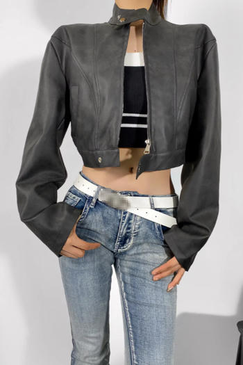 casual non-stretch pu stand collar zip-up jacket(size run small)