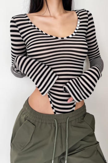 casual slight stretch crew neck stripe printing bodysuit(size run small)