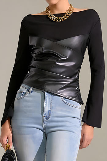 stylish slight stretch pu leather stitching bell-sleeve all-match top