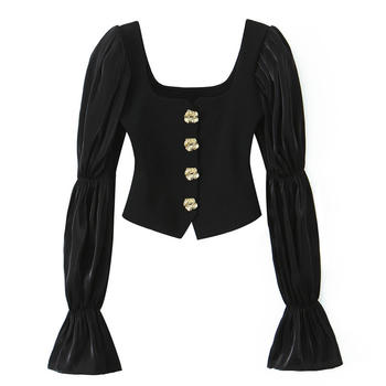 casual slight stretch square neck button blouses