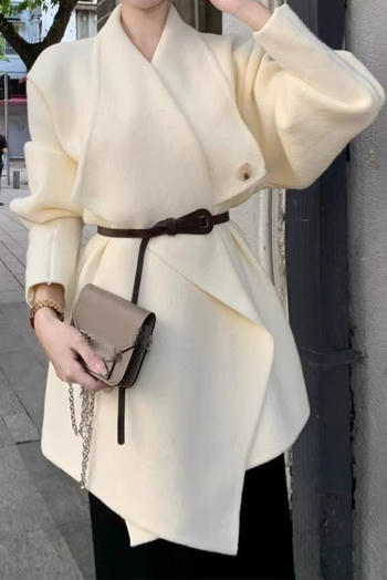 casual slight stretch solid color lapel with belt sweaters