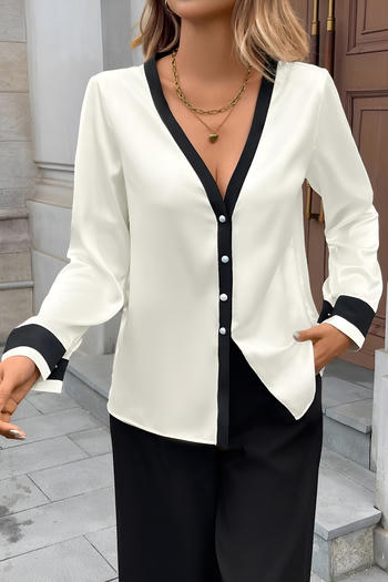 stylish office lady non-stretch satin color-block v-neck single-breasted blouse