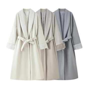 casual non-stretch tweed fuzzy decor with belt jacket