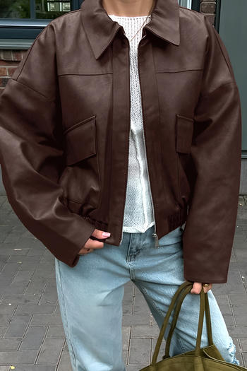 stylish retro non-stretch pu leather turndown collar zip-up loose outerwear