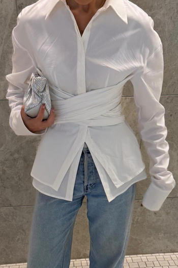 casual non-stretch lapel solid color shirring blouses