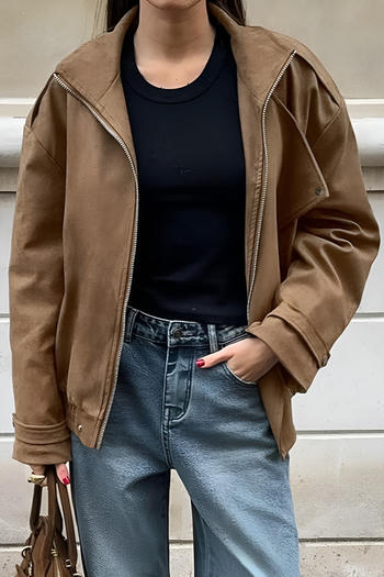stylish retro non-stretch suede pure colour zip-up all-match outerwear