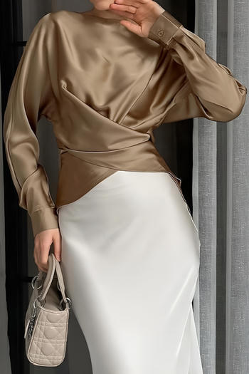 elegant non-stretch satin pure colour cross long sleeve blouse