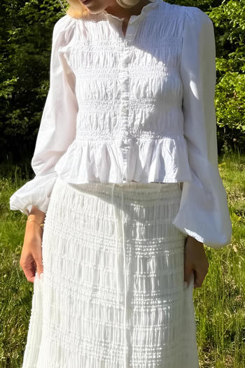 casual non-stretch solid color pleated puff sleeve all-match shirt
