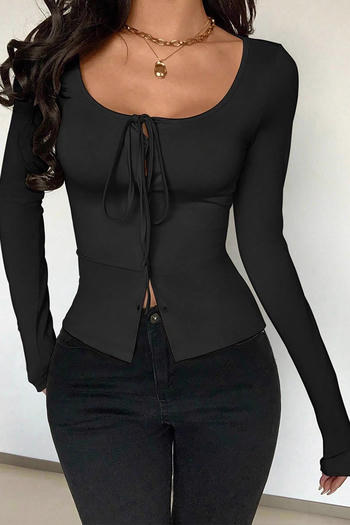 casual slight stretch square neck solid color lace-up top