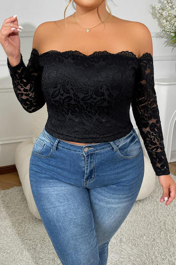 sexy plus size slight stretch off-shoulder slim-fit see-through lace top
