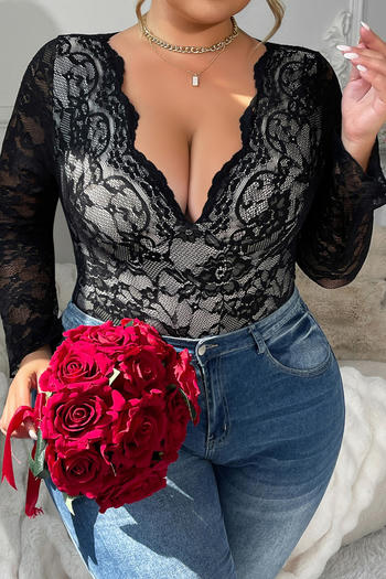 sexy plus size slight stretch see-through lace v-neck bodysuit