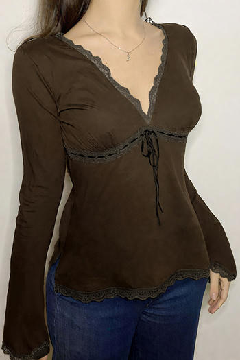 casual slight stretch v-neck lace trim long sleeve top